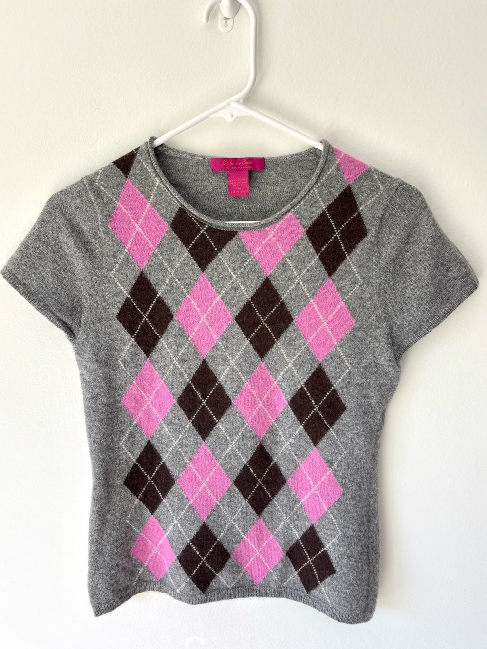 Cashmere Cache Grey Short Sleeve Sweater 100% 2 Ply Cashmere Argyle Pink Plaid
